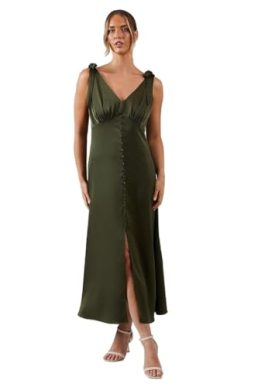 Oasis Satin Button Front Tie Shoulder Midi Bridesmaids Dress, 10, Olive