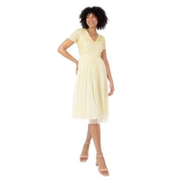 Maya Deluxe Women's Embellished Midi Evening Dress Ladies V Neckline with Short Sleeve for Prom Wedding Bridesmaid, Lemon, 4