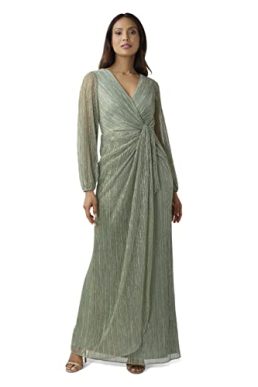 Adrianna Papell Women's Metallic Mesh Draped Gown Special Occasion Dress, Green Slate, 14