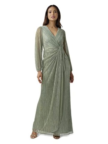 Adrianna Papell Women's Metallic Mesh Draped Gown Special Occasion Dress, Green Slate, 14