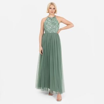 Maya Deluxe Women's Ladies Bridesmaid Maxi Dress Halter Neck Sequin Embellished Prom Graduation Wedding, Deep Mint, 4 - Image 2