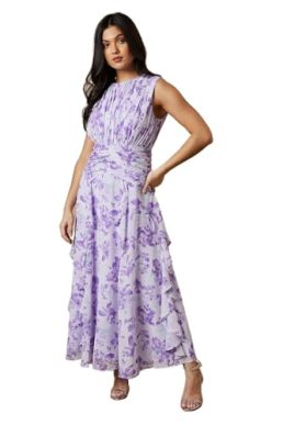 Oasis Floral Waist Detail Ruffle Maxi Dress, 10, Purple