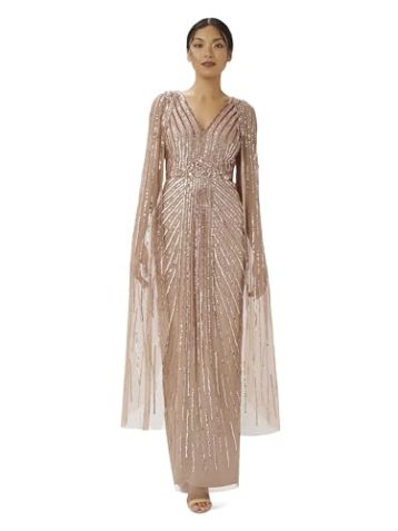 Adrianna Papell Women's Beaded Cape Long Special Occasion Dress, Rose Gold, 10