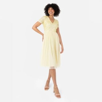 Maya Deluxe Women's Embellished Midi Evening Dress Ladies V Neckline with Short Sleeve for Prom Wedding Bridesmaid, Lemon, 4 - Image 7