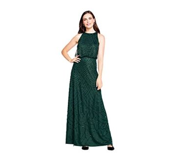 Adrianna Papell Women's Halter Art Deco Beaded Blouson Dress, Dusty Emerald