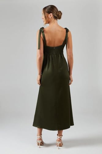 Oasis Satin Button Front Tie Shoulder Midi Bridesmaids Dress, 10, Olive - Image 4