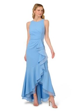 Adrianna Papell Women's Ruffle Crepe Halter Gown, Bluebell, 12