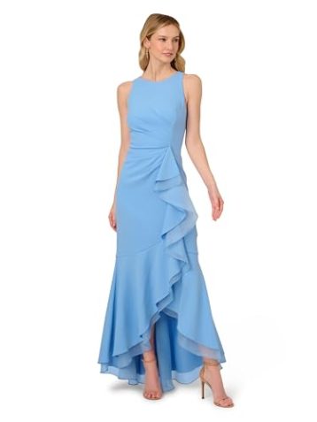 Adrianna Papell Women's Ruffle Crepe Halter Gown, Bluebell, 12