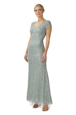 Adrianna Papell Women's Beaded Mermaid Gown Special Occasion Dress, Frosted Sage, 14
