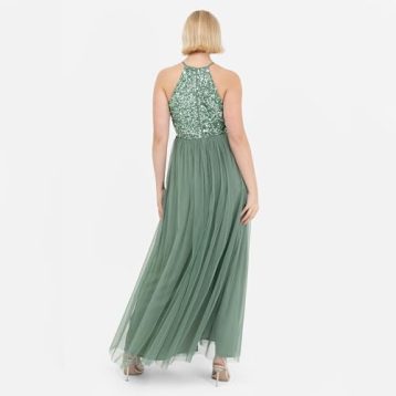 Maya Deluxe Women's Ladies Bridesmaid Maxi Dress Halter Neck Sequin Embellished Prom Graduation Wedding, Deep Mint, 4 - Image 3