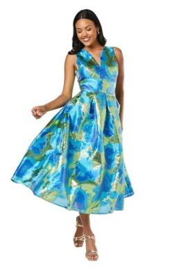 Coast Plunge Neck Jacquard Midi Dress, 8, Blue