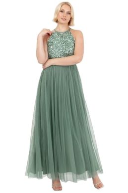 Maya Deluxe Women's Ladies Bridesmaid Maxi Dress Halter Neck Sequin Embellished Prom Graduation Wedding, Deep Mint, 4