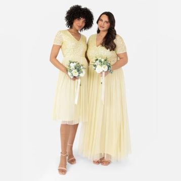 Maya Deluxe Women's Embellished Midi Evening Dress Ladies V Neckline with Short Sleeve for Prom Wedding Bridesmaid, Lemon, 4 - Image 2