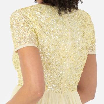 Maya Deluxe Women's Embellished Midi Evening Dress Ladies V Neckline with Short Sleeve for Prom Wedding Bridesmaid, Lemon, 4 - Image 4