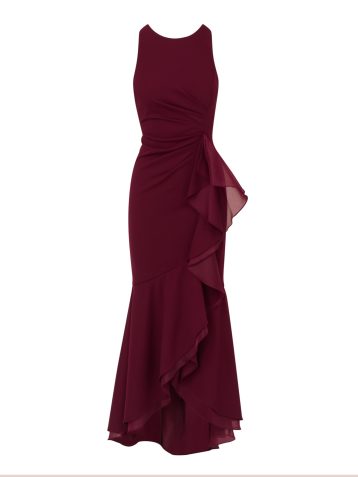 Adrianna Papell Ruffle Crepe Halter Gown Maxi Dress, Cabernet - Image 2