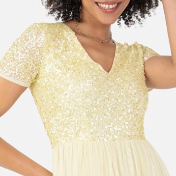 Maya Deluxe Women's Embellished Midi Evening Dress Ladies V Neckline with Short Sleeve for Prom Wedding Bridesmaid, Lemon, 4 - Image 5