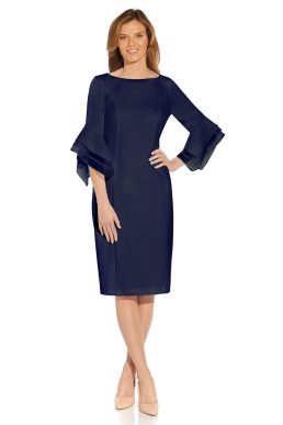 Adrianna Papell Women's Knit Crepe Tiered Sleeve Dress, Navy Sateen, 16