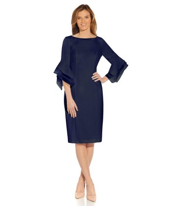 Adrianna Papell Women's Knit Crepe Tiered Sleeve Dress, Navy Sateen, 16