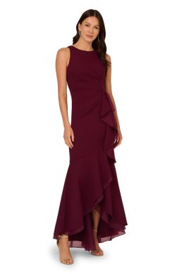 Adrianna Papell Ruffle Crepe Halter Gown Maxi Dress, Cabernet