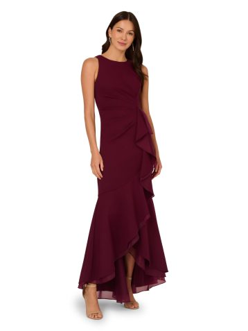 Adrianna Papell Ruffle Crepe Halter Gown Maxi Dress, Cabernet
