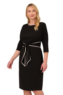 Adrianna Papell Women's Tipped Crepe Tie Dress, Black Ivory, 14