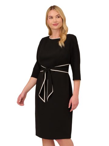 Adrianna Papell Women's Tipped Crepe Tie Dress, Black Ivory, 14