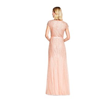 Adrianna Papell Women's Long Beaded V-Neck Dress with Cap Sleeves and Waistband, Blush, 18 - Image 4