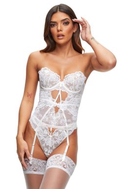 Ann Summers The Icon White Basque for Women with Padded Plunge Bra and Charm Detail, White Lace Corset, Wedding Underwear, Wedding Night, Underwired Plunge Bra, Women's Lingerie Set - White