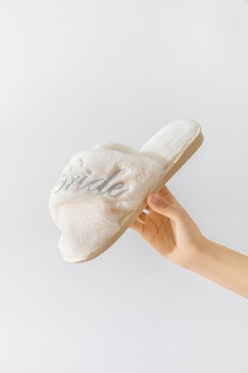 OWITER Bride Slippers for Wedding Party Fluffy White Slippers for the Bachelorette Party 6053 (Silver Bride, Adult, Women, Medium, Alpha, UK Footwear Size System, Wide) - Image 3