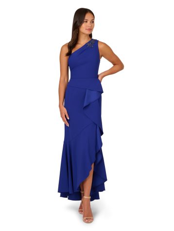 Adrianna Papell Women's Beaded Knit Crepe Gown Special Occasion Dress, Royal Sapphire, 14
