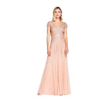 Adrianna Papell Women's Long Beaded V-Neck Dress with Cap Sleeves and Waistband, Blush, 18