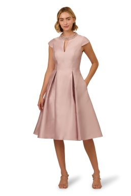 Adrianna Papell Women's Key Hole Mikado Midi Dress Special Occasion, Bellini, 18