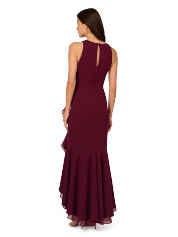 Adrianna Papell Ruffle Crepe Halter Gown Maxi Dress, Cabernet - Image 5