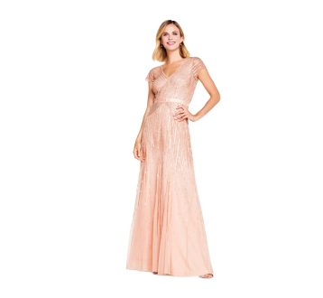 Adrianna Papell Women's Long Beaded V-Neck Dress with Cap Sleeves and Waistband, Blush, 18 - Image 2