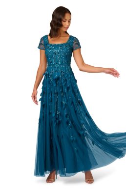 Adrianna Papell Women's Bead 3D Petal Maxi Dress, Teal Sapphire