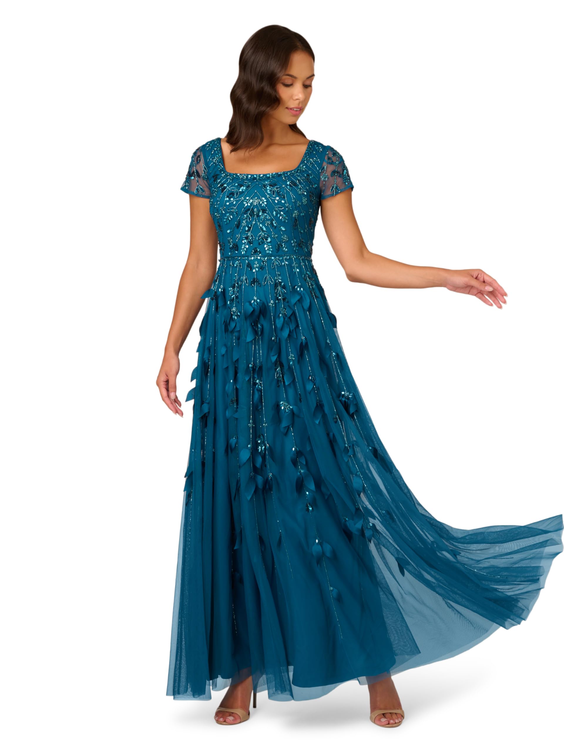 Adrianna Papell Women's Bead 3D Petal Maxi Dress, Teal Sapphire