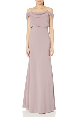 Jenny Yoo Women's Sabine Draped Off The Shoulder Crepe Gown Dress, Fig, 4