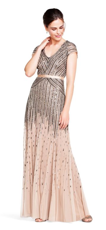 Adrianna Papell Women's Long Beaded V-Neck Dress with Cap Sleeves and Waistband, Nude, 20 - Image 5