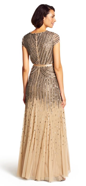 Adrianna Papell Women's Long Beaded V-Neck Dress with Cap Sleeves and Waistband, Nude, 20 - Image 7