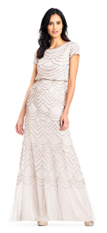 Adrianna Papell Women's Short Sleeve Blouson Beaded Gown Special Occasion Dress, Blush/Gold, 18