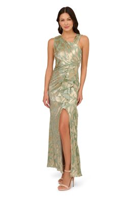 Adrianna Papell Women's Foil Asymmetric Gown, Sage/Gold