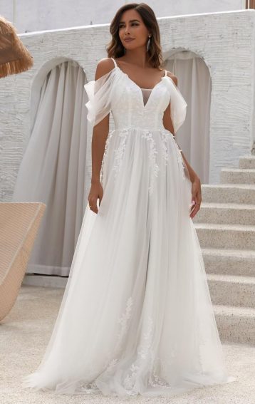 YMFFW Boho Wedding Dresses for Bride A Line Tulle Lace Wedding Gown, Ivory - Image 4