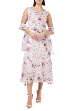 Gina Bacconi Midi Cowl Neck Printed Dress & Shawl, Blush, 12