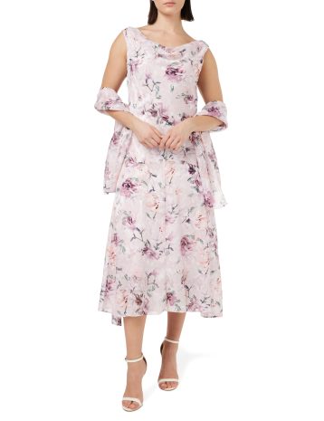 Gina Bacconi Midi Cowl Neck Printed Dress & Shawl, Blush, 12