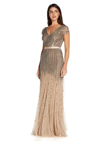 Adrianna Papell Women's Long Beaded V-Neck Dress with Cap Sleeves and Waistband, Nude, 20 - Image 4