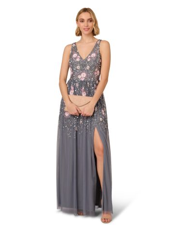 Adrianna Papell Women's Beaded Mesh Long Special Occasion Dress, Dusty Blue Multi, 10 - Image 3