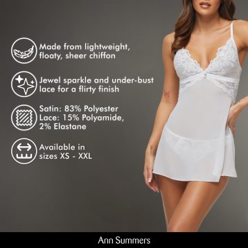 Ann Summers Icon Chemise Lingerie Lace Babydoll Lingerie for Women, Chiffon Nightwear, Womens Lingerie Dress with Plunge Neckline & Adjustable Straps - Genuine Chemise Nighties for Women White - Image 6