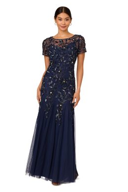 Adrianna Papell Women's Floral Beaded Godet Gown Special Occasion Dress, Light Navy, 14