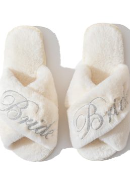 OWITER Bride Slippers for Wedding Party Fluffy White Slippers for the Bachelorette Party 6053 (Silver Bride, Adult, Women, Medium, Alpha, UK Footwear Size System, Wide)