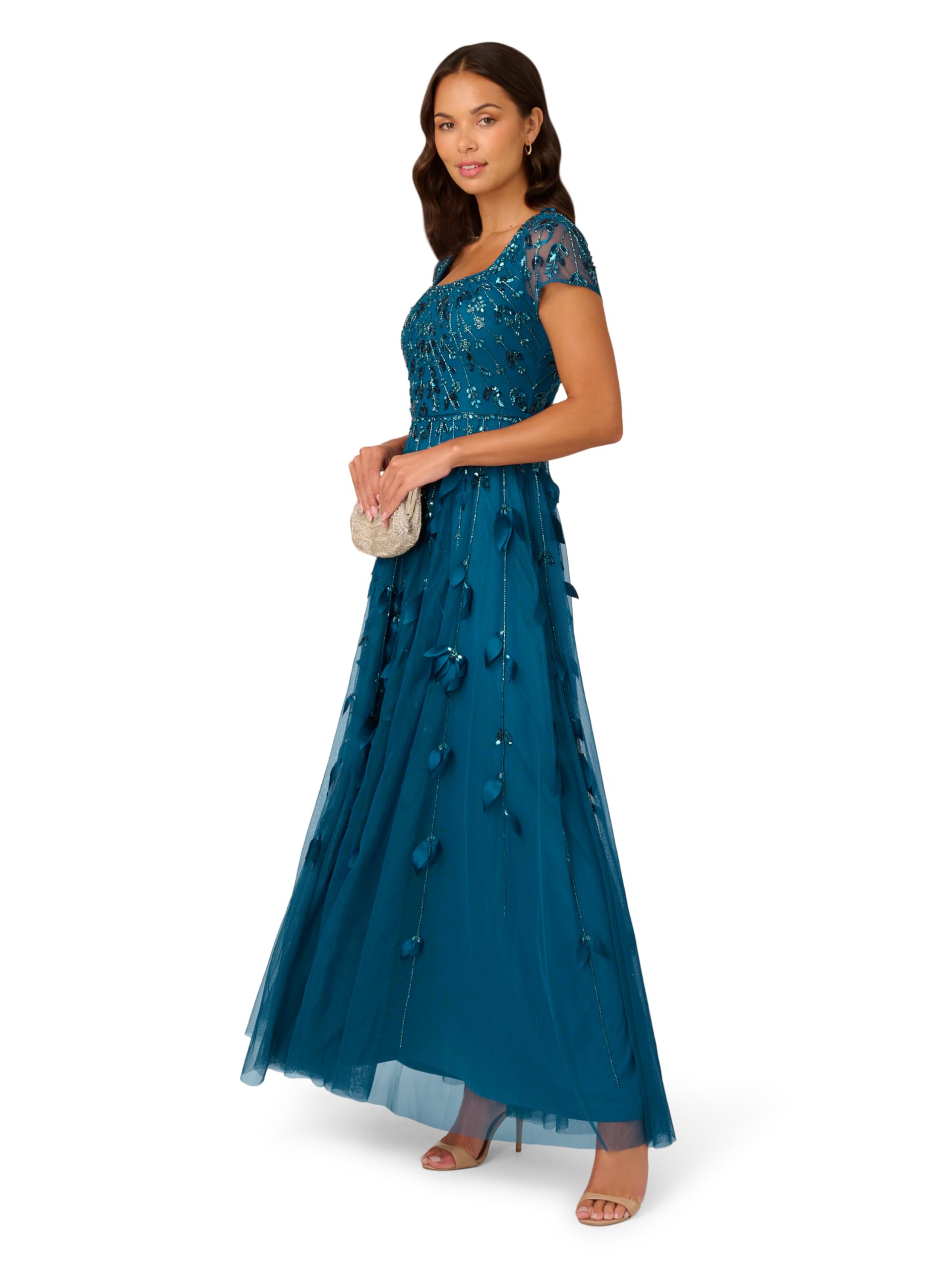 Adrianna Papell Women's Bead 3D Petal Maxi Dress, Teal Sapphire - Image 2